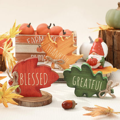 FYSUIMU 3 Pcs Fall Leaves Wood Table Sign Maple Leaf Thankful Tiered Tray Decor Thanksgiving Table Centerpieces Blessed Grateful Wooden Blocks for Autumn Home School Office Desk Decor