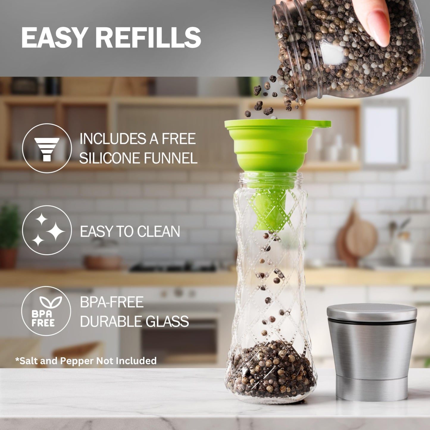 Home EC Original Stainless Steel Sea Salt and Pepper Grinder Set of 2 - Adjustable Ceramic Grinder - Diamond Pattern Glass - Salt and Pepper Shakers - Kitchen Spice Mill - Modern Kitchen Accessories