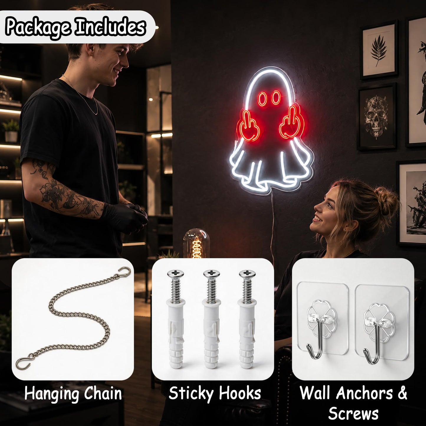 Whfobfe Red&White Neon Sign Led Neon Lights Signs for Wall Decor USB Powered Led Signs for Room Decoration-Ghost