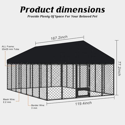 10x14FT Heavy Duty Outdoor Dog Kennel with Roof, Large Metal Dog Enclosure for Big Dogs, Weatherproof Fence Playpen with Double Lock Gate & Feeding Door