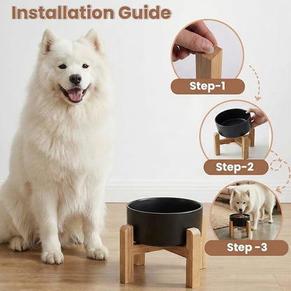 hjn Elevated Ceramic Dog Bowl with Bamboo Stand, Raised Pet Feeding Station for Small Medium Dogs Cats, Modern Design with Anti-Slip Base (Black, 7.6Cup)