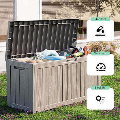 ROJIK Outdoor Storage Housing Deck Box - Waterproof Patio Furniture, Garden Tools, Cushions, Pool Accessories Storage Bench with Lockable Lid and Side Handles (Grey, 80 Gal)