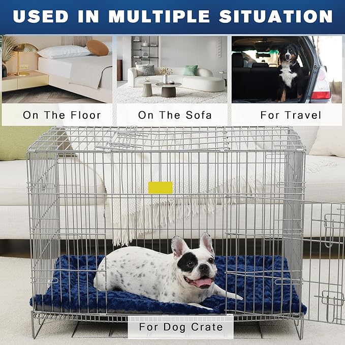 Washable Dog Bed Mat Ultra Soft Dog Crate Pad Comfy Fluffy Pet Kennel Beds Sleeping Mattress for Large Jumbo Medium Small Dogs, 36 x 23 Inch, Blue