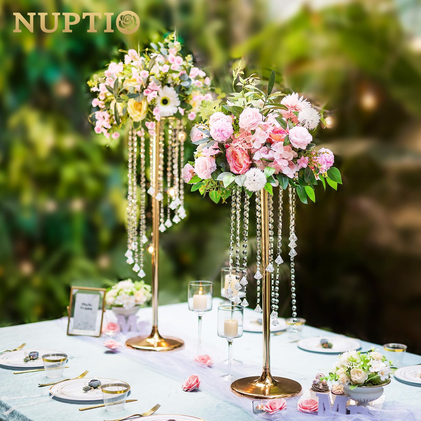 Nuptio 2 Pcs 27.6inch Tall Wedding Centerpieces Gold Vases Crystal Flower Vase Metal Flowers Stand for Party Tables Decorations - Elegant Bulk Weddings Decoration Table Chandelier Centerpiece Stands