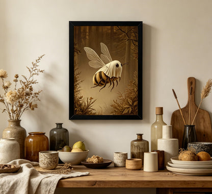 Framed Funny Ghost Bee Wall Art, Spooky Halloween Bee Canvas Print Poster, Whimsical Gothic Decor, Dark Academia Home Decoration, for Living Room Bedroom,