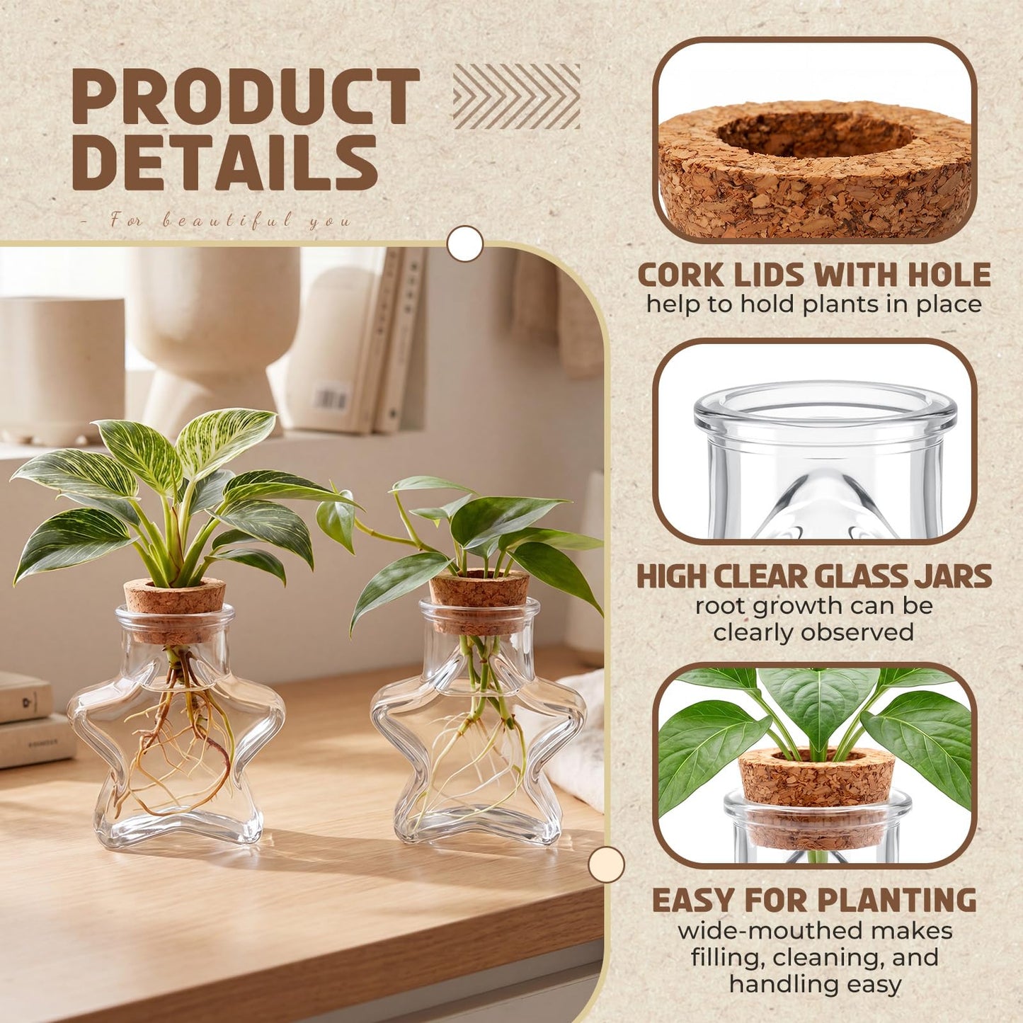 Threehoney 6 Pack Propagation Vases for Plants Glass Plant Propagation Station with Hole Lid Star Shape Hydroponic Vases Plant Growing in Water Hydroponic Home Office Table Decoration