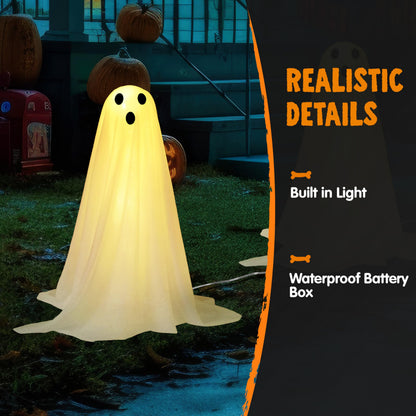 JOYIN 3 Pcs Halloween Decorations Outdoor Ghosts Pathway Lights, 18” White Cloth Ghost with White Light Up Yard Stakes for Graveyard Yard Lawn Garden Prop, Party Decor Supplies