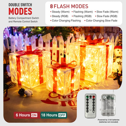 Set of 3 Christmas Lighted Gift Boxes with 50 LEDs,Outdoor Christmas Decorations,8 Modes RGBW Lights,Battery Operated Light Up Present Boxes for Christmas Trees Indoor Outdoor Home Yard Lawn Decor