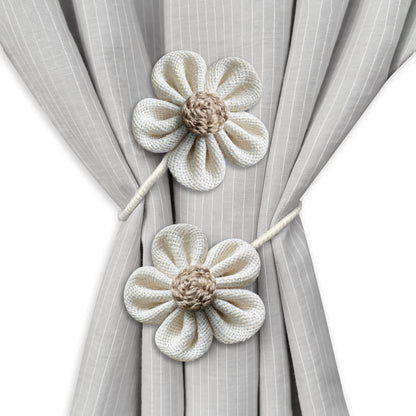 Curtain Tie Backs for Curtain Drapes, Boho Decor Holdback Farmhouse TieBacks for Blackout/Sheer Curtains, Jute Rope with Flower, Natural Decor Shabby Chic Drapery Holder, Pack-2