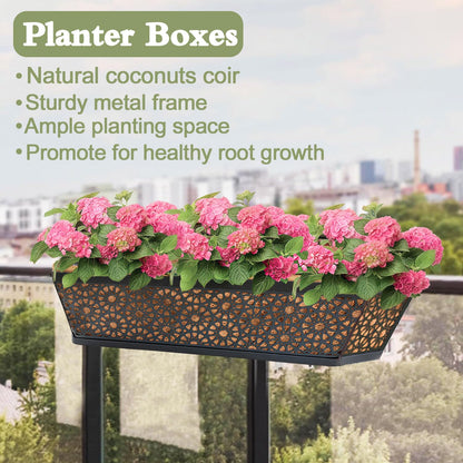 ZVOWOS Black Metal Railing Planter Window Box (2 Pack, 24 Inch) Horse Trough Planter with Coco Fiber Liner Deck Balcony Rail Planters for Porch Fence Patio Outdoor Garden Décor