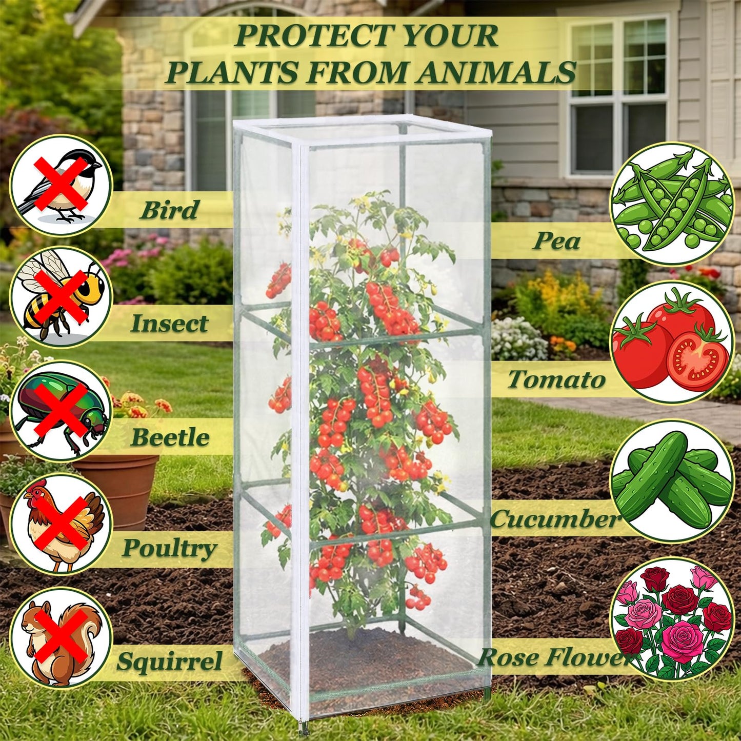 ComfyKit 3PCS Garden Bird Netting Plant Covers for Square Tomato Cage, 59" x 17.7" Reusable Tomato Cage Net with Zipper & Drawstring, Insect & Bird Barrier for Tomatoes, Fruits & Climbing Vines