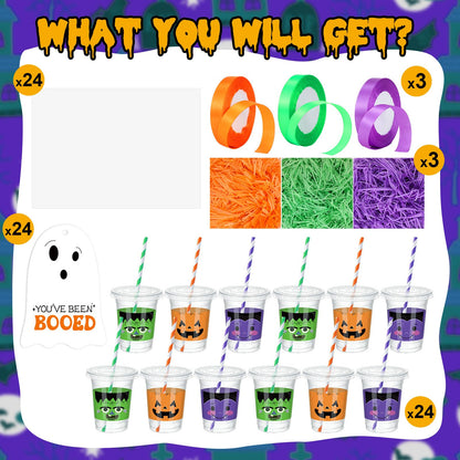 Jingmore 24 Sets 12 oz Halloween Gifts Cups Set Halloween Goodie Candy Bags with Card Ribbon and OPP Bags Disposable Plastic Clear Cups with Lids and Paper Straws for Treat Party Favor Supplies