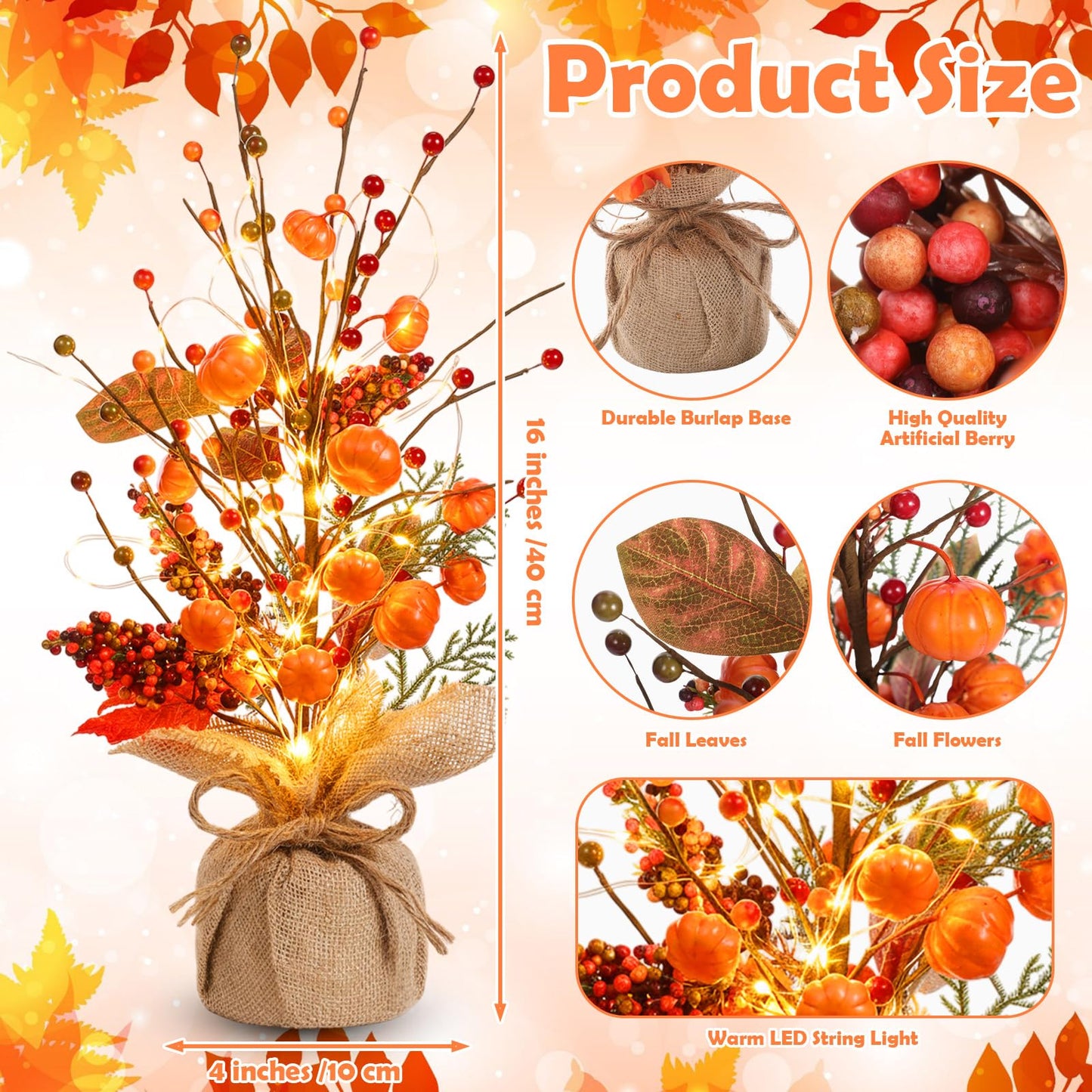 Pinkunn Fall Centerpieces for Tables Decorations 16 Inch Lighted LED Autumn Tree Top with Artificial Pumpkins Berries Leaf Burlap Base Thanksgiving Fall Decor for Home Harvest Office Desk Indoor