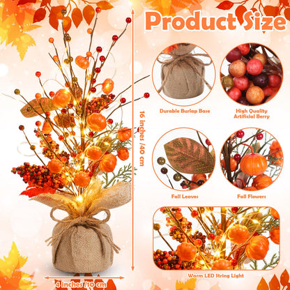 Pinkunn Fall Centerpieces for Tables Decorations 16 Inch Lighted LED Autumn Tree Top with Artificial Pumpkins Berries Leaf Burlap Base Thanksgiving Fall Decor for Home Harvest Office Desk Indoor