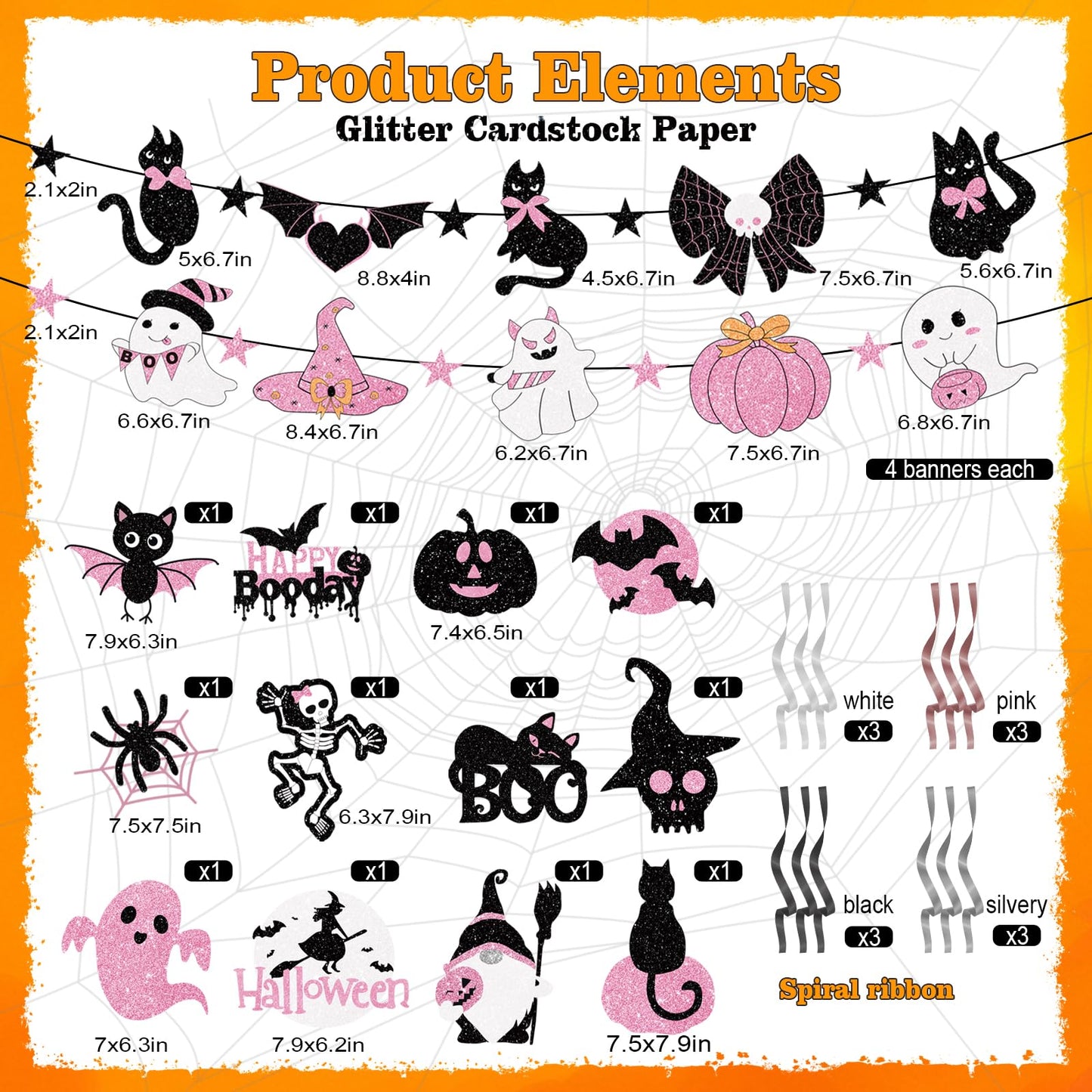 32 Piece Halloween Indoor Decoration Include 4 Banner Garlands and 12 Hanging Swirls Decora Pink Halloween Party Garland Hanging Decorations for Girls Home Mantel Wall and Window Decorations
