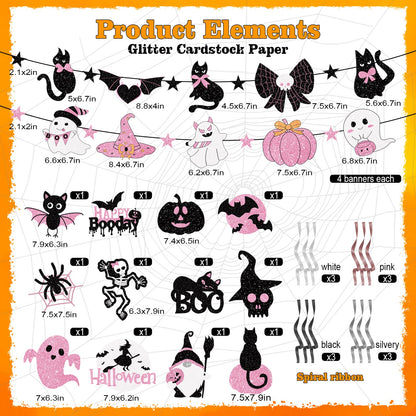 32 Piece Halloween Indoor Decoration Include 4 Banner Garlands and 12 Hanging Swirls Decora Pink Halloween Party Garland Hanging Decorations for Girls Home Mantel Wall and Window Decorations