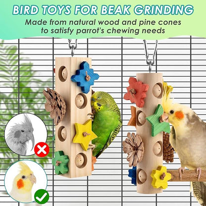 DBNESS Bird Toys for Parrot, 2 Pcs Hanging Colorful Wood Blocks Pine Cones Parakeet Chew Foraging Toy for Beak-Grinding, Cage Accessories for Small to Medium Budgies, Cockatiels, Caiques, Conures