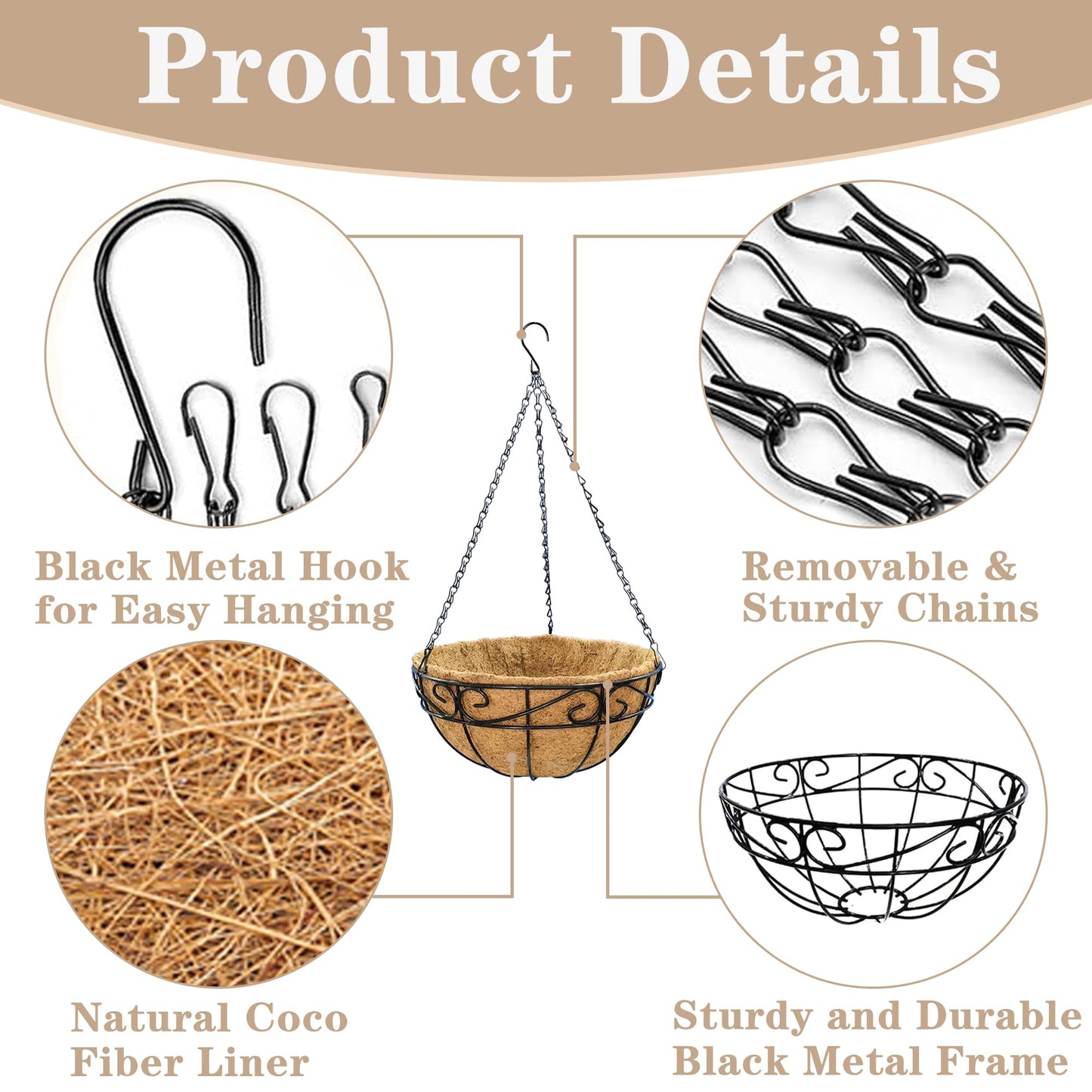EIMQUVW Outdoor Metal Hanging Planters Basket (4pack, 12 inch) Hanging Baskets for Plants Chain Round Wire Plant Holder with Coco Fiber Liners for Garden, Patio, Deck, Porch(Flower Border)