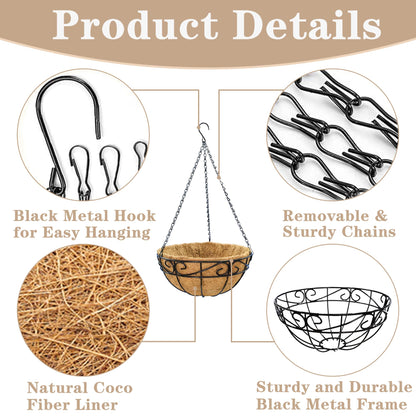 EIMQUVW Outdoor Metal Hanging Planters Basket (4pack, 12 inch) Hanging Baskets for Plants Chain Round Wire Plant Holder with Coco Fiber Liners for Garden, Patio, Deck, Porch(Flower Border)