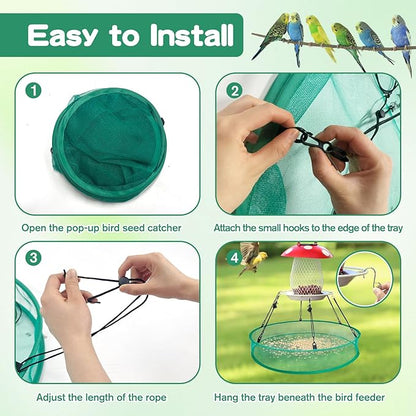 3PCS Bird Seed Catcher Tray 24 Inch Bird Seed Catcher Hanging Hoop Platform for Bird Feeders Includes S-Hooks, Adjustable Ropes & Portable Storage Pouch