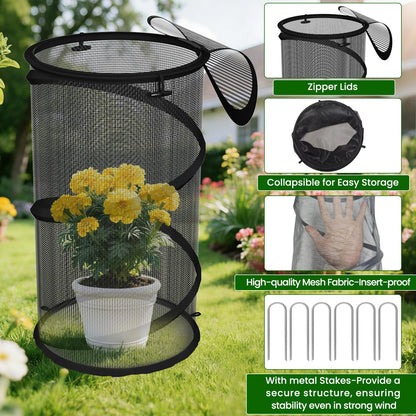4 Pack Pop up Plant Guard Covers Tent from Animals Black, 19.6" x 11.8" Foldable Plant Protectors Mesh Net, Garden Plant Enclosure Protection Cage with Stakes & Carry Bag for Outdoor Plants