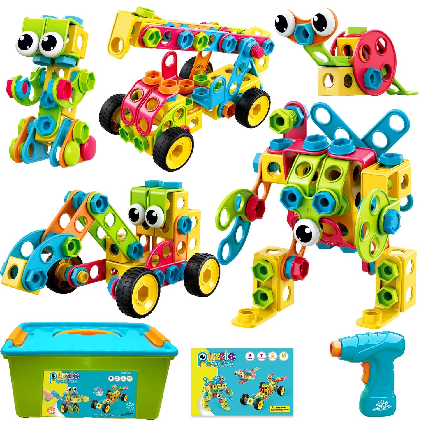 NXONE 195 PCS Educational STEM Toys for Boys and Girls Ages 3 4 5 6 7 8 9 10 Construction Building Blocks Toy Building Sets Kids Toys Creative Activities Games with Storage Box