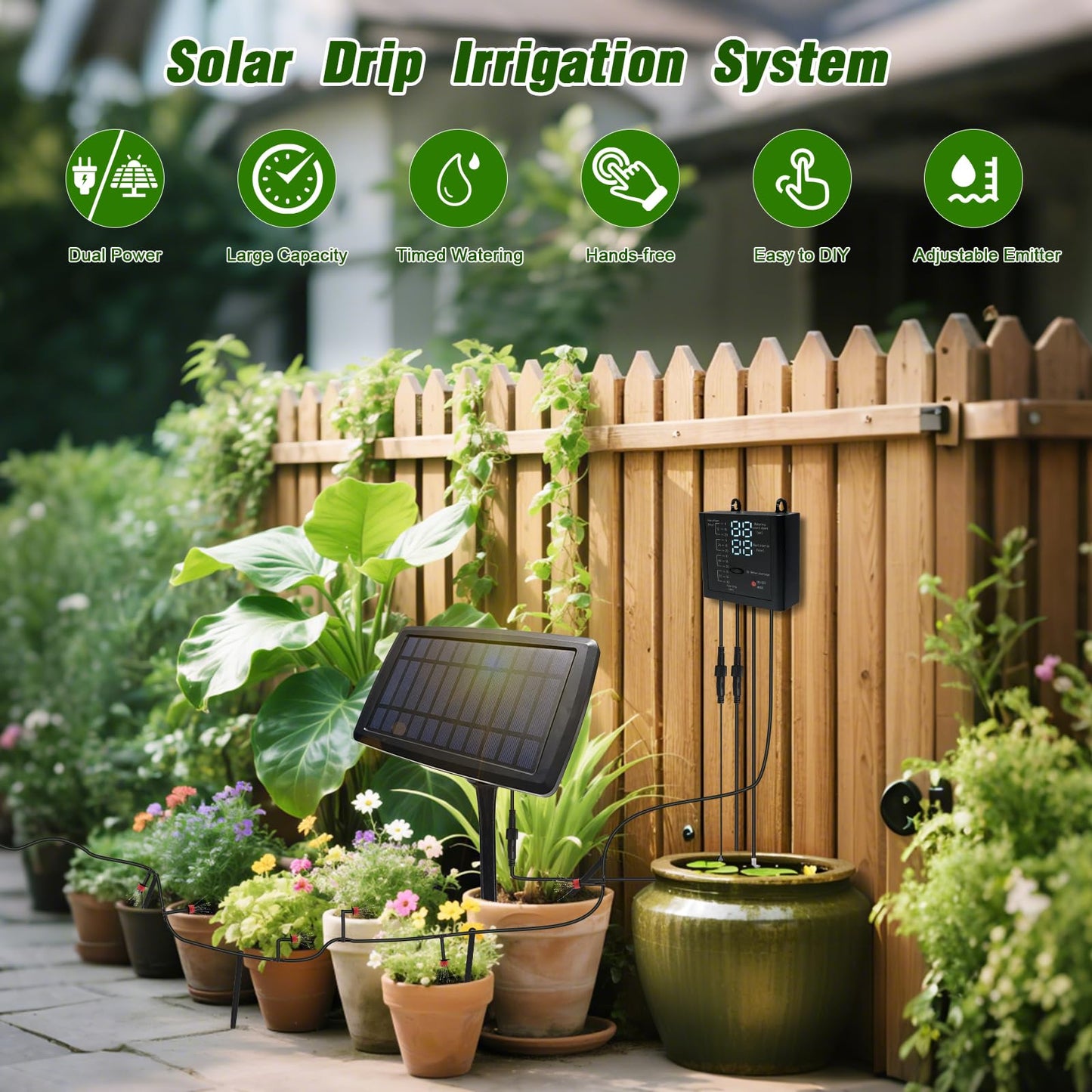 Solar Drip Irrigation System for Garden, Automatic Drip Irrigation Kit with 33FT Tubing, Solar Powered Plant Watering Device for Potted Plants, Vacation, Outdoor No Wiring Needed (10 Pots)