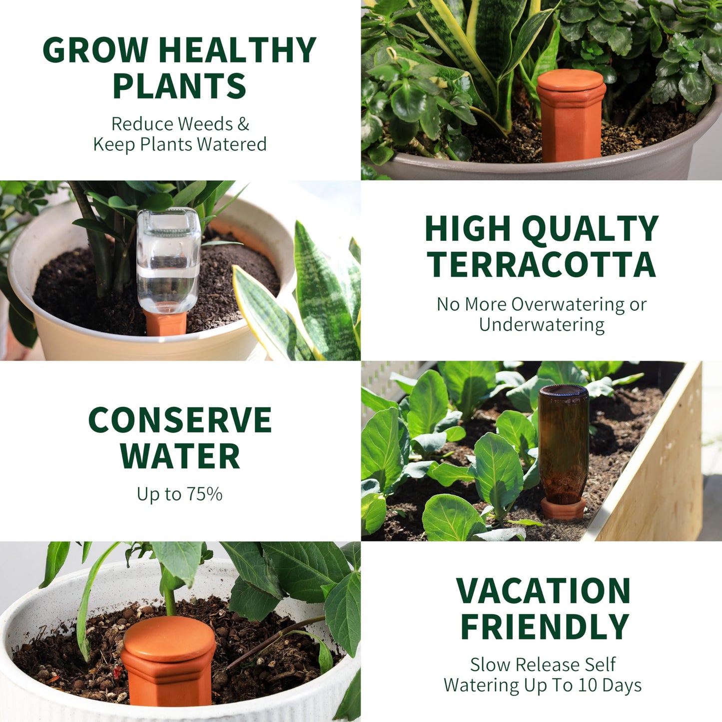 Soilagua Large Terracotta Watering Spikes with Lids, Automatic Plant Waterer Outdoor | Indoor, Vacation Friendly Clay Plant Watering Devices System, Slow Release Self Watering Planter Insert, 6 Pack
