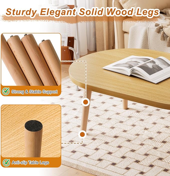 Coffee Table Low Table with Solid Wood Legs, 31.5x19.7" Large Coffee Table Side Table, Floor Table Desk for Sitting on The Floor, Living Room Furniture for Office Apartment Home, Oval Natural