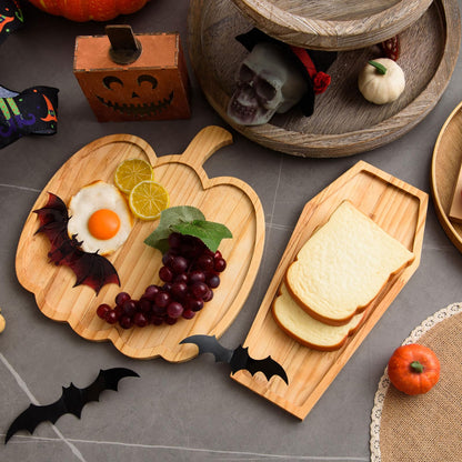 FOBSME 2 Pcs Halloween Wooden Charcuterie Boards Pumpkin and Coffin Shape Serving Platters Fall Wood Serving Trays Decorative Wooden Snack Dish Plates for Halloween Holiday Housewarming Presents
