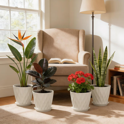 UOUZ 8 Inch Plant Pots, 4 Pack Plastic Planters for Indoor Outdoor with Drainage Holes & Saucers, Waffle Texture Flower Pots for Indoor Plants, Indoor Plant Pots for Monstera, Fiddle Leaf Fig, White