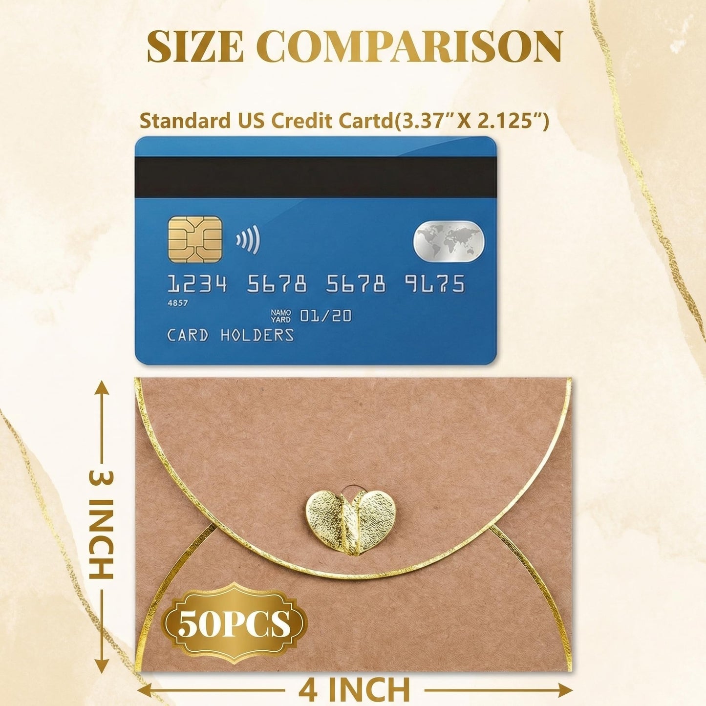 JOHOUSE 50PCS Mini Gift Card Envelopes, 4 x 3 Inch Brown Gift Card Holders with Gold Border & Heart Clasp, for Thank You Cards, Wedding, Birthday, Business Cards