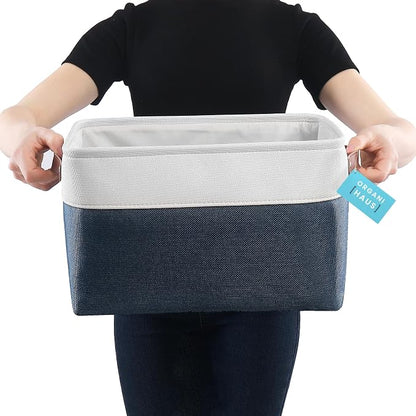 OrganiHaus 15x11in Canvas Storage Baskets 3 Pack | LARGE Fabric Bins for Shelves | Closet & Bedroom Storage | Navy Blue/Off-White