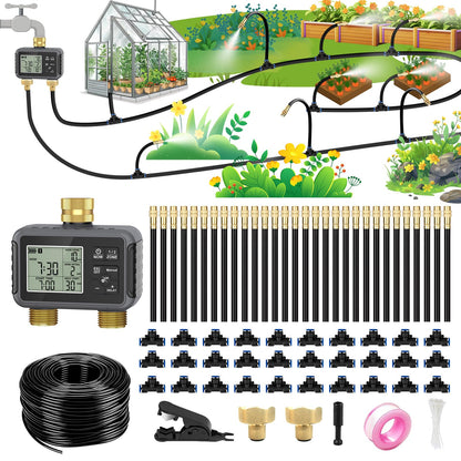 120FT Drip Irrigation System with Smart Water Timer – Automatic Garden Watering Kit with Dual Metal Tube Brass Connectors, 360° Adjustable Nozzles & Bendable Tubing for Garden, Greenhouse & Lawn