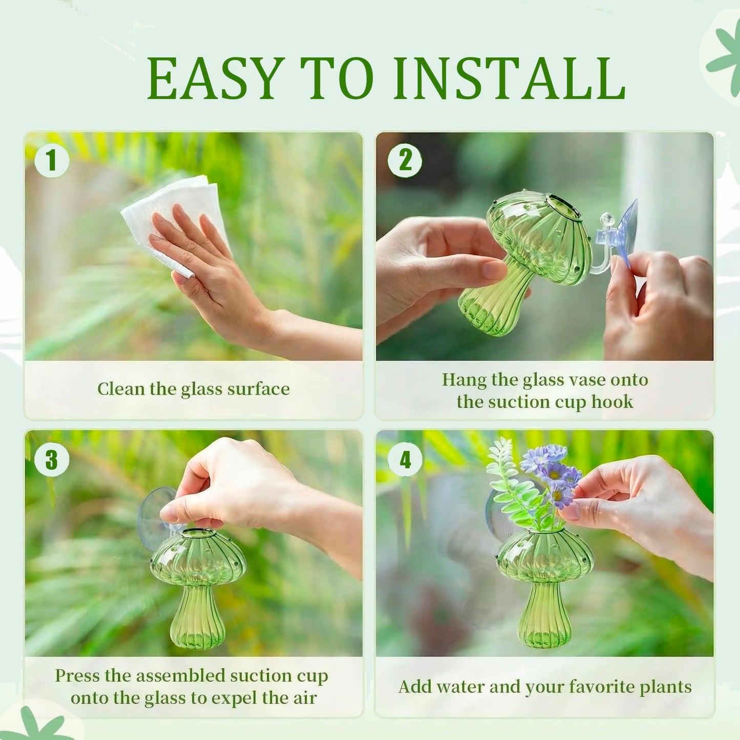 Window Propagation Stations, Propagation Vases, Colored Mushroom Glass Vases with Suction Cups, Nail-Free Easy-Install Wall-Mounted Planters, Plant Lover Gifts (4-Pack)
