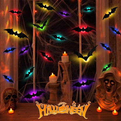 LeeSky 60 Pack Halloween 3D Lighted Bats Wall Decor, 3D Light Up Halloween Bats Wall Stickers for Halloweens Outdoor Indoor Bedroom Window Home Decals