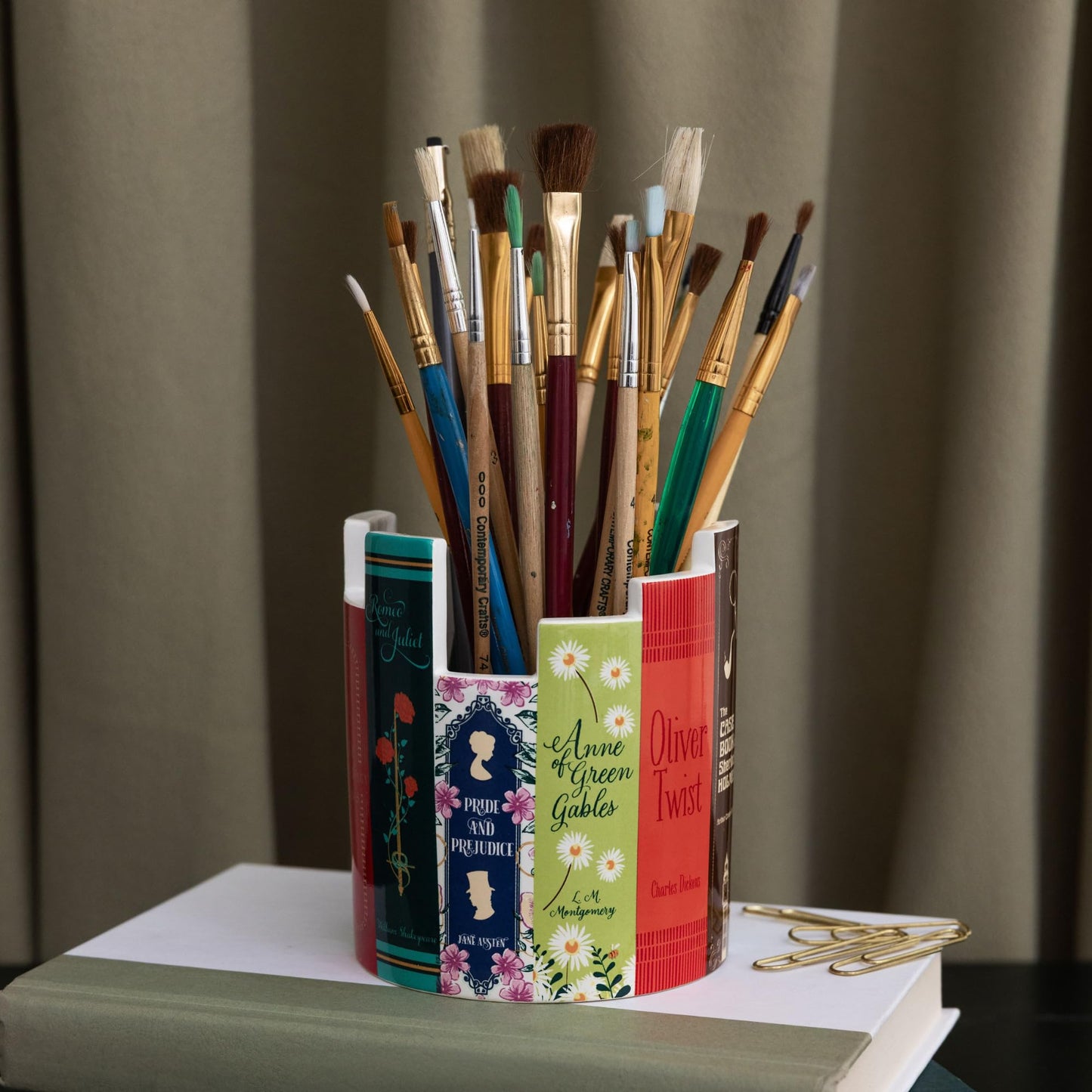 Steel Mill & Co Ceramic Desk Pot for Office/Shelf/Bedroom, Bookish Pen Holder or Small Plant Vase with Classic Literary Book Spine Design, Classic Books