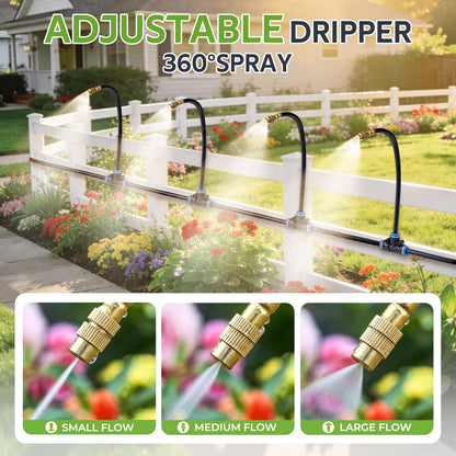 HIRALIY 360° Adjustable Drip Irrigation System 33FT, 1/4" Tubing with 5 Adjustable Copper Nozzles, Automatic Atomizing Watering Kit for Garden, Yard, Lawn, Greenhouse & Potted Plants