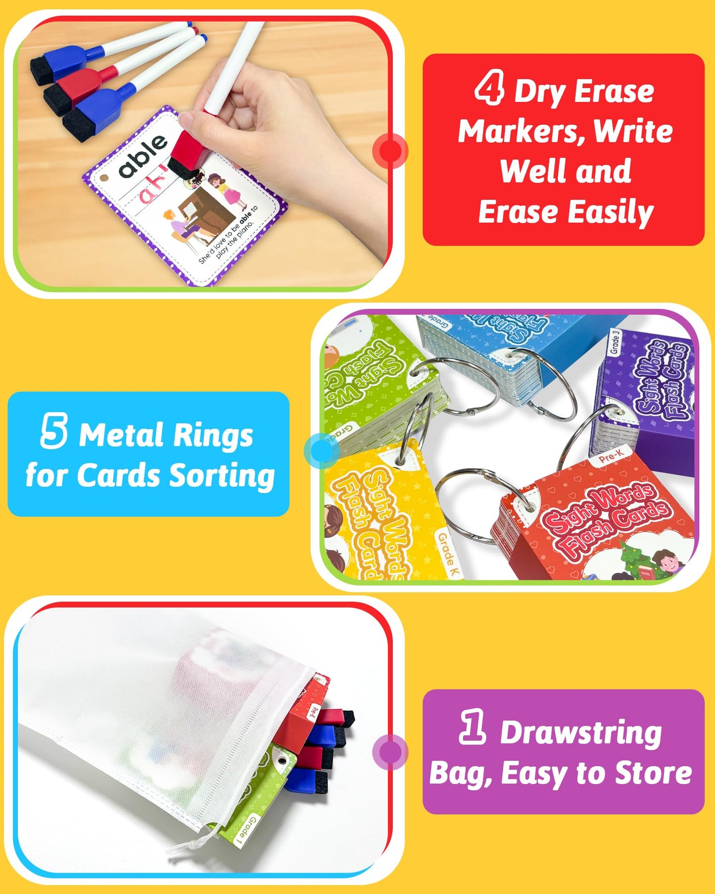 520 Sight Words Flash Cards Kindergarten, Dolch & Fry Sight Word Reading Writing Spelling Games, Homeschool Supplies for Preschool Kindergarten 1st 2nd 3rd Grade, Learning Activities for Kids Ages 3+