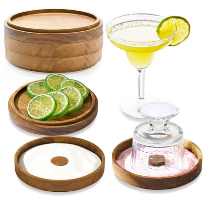 Domensi 2 Sets 3-Tier Acacia Wood Bar Glass Rimmer, 5.6" Margarita Salt Rimmer Set Salt and Sugar Tray for Cocktails Tequila Home Bartender Bar Accessories(Acacia Wood)