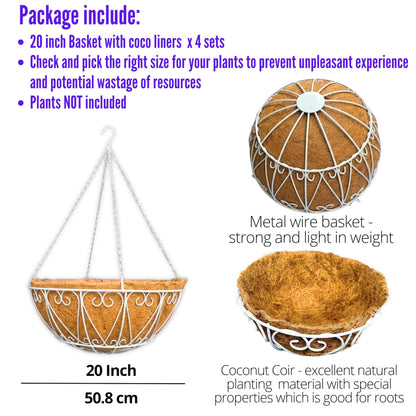 LaLaGreen Hanging Planter for Outdoor (20 Inch, 4 Pack) Large White Metal Wire Hanging Plant Planter with Coco Liner Round Porch Modern Garden Balcony Deck Country Decor Flower Pot Holder Hanger