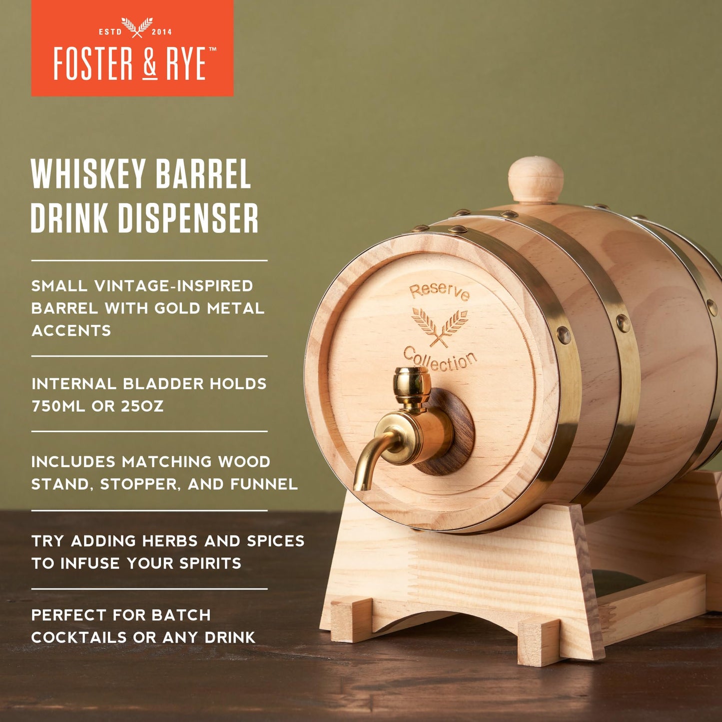 Foster & Rye Wooden Barrel for Whiskey, Whiskey Infusion Bourbon Barrel Moonshine Jug with Spigot, Liquor Dispenser Beverage Barrel - Holds 750mL Set of 1