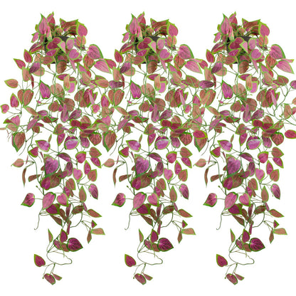 LOYWREE 3 Pack Artificial Purple Ivy Hanging Vine Plants - Small Potted Long Trailing Cascading Foliage, Gothic Home Decor for Indoor/Outdoor, Office, Garden & Shelf (Black Pot Included)