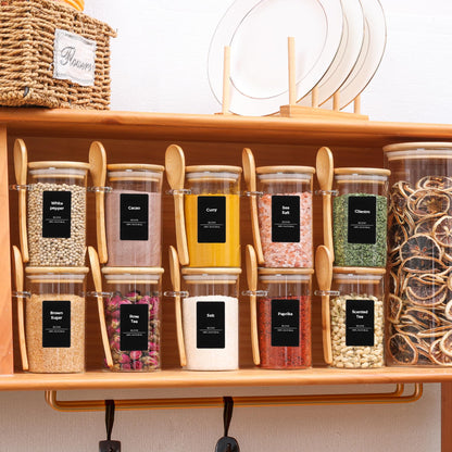 ComSaf 12 Pcs Glass Spice Jars and Spoons, 8oz Glass Containers with Bamboo Lids, Storage Containers with Airtight Lids with Black Labels for Seasonings, Salt, Loose Leaf Tea Storage