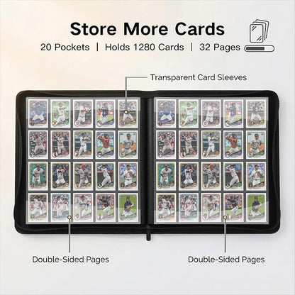 1280+ Cards 20 Pocket Card Binder Collector Card Album Trading Card Binder Ringless Trading Card Album Side Loading Compatible with TCG, Game & Sports Cards (Black)