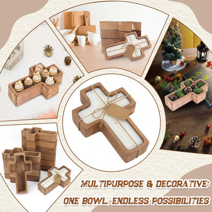 HEYTIMI 12 Pack Wooden Cross Dough Bowls, 7.42" x 4.33" Paulownia Wood Dough Bowl Set for Candle Making, Rustic Farmhouse Decor, Religious Ceremony Centerpiece, Christian Faith Gifts