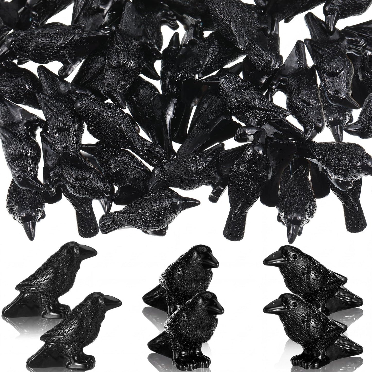 RoundFunny 50 Pcs Miniature Resin Crows Mini Halloween Figurines, Small Black Raven Halloween Bird Figures to Hide Tiny Raven Decor Black Crows Gothic Miniature for Micro Landscape Craft Party Favors