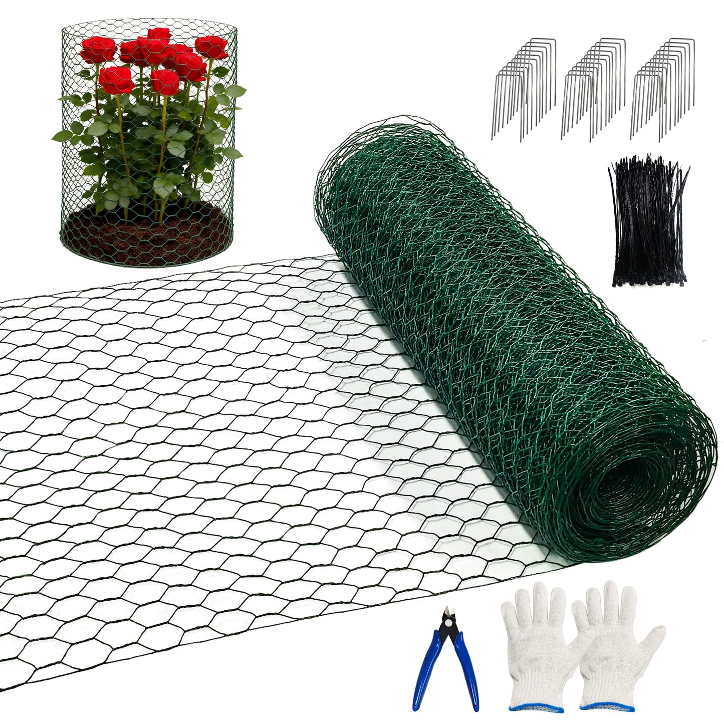 16 in x 50 ft Plant Protectors from Animals, Metal Mesh Plant Protector for Garden Plant Cages for Outdoor Plants with Ground Stakes & Cutting Plier