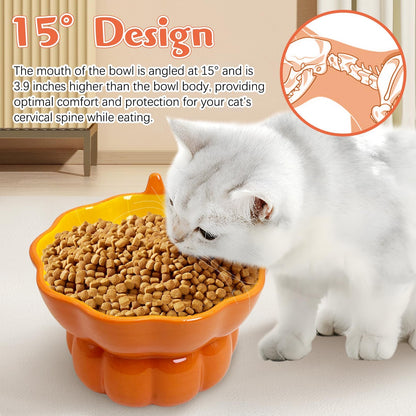 Hamiledyi Ceramic Raised Cat Bowl Tilted 15° Elevated Cat Bowl for Food or Water Anti Vomiting and Whisker Fatigue Cute Pumpkin Shaped Pet Feeder Bowl for Indoor Cats Kitten and Dogs (Orange Pumpkin)