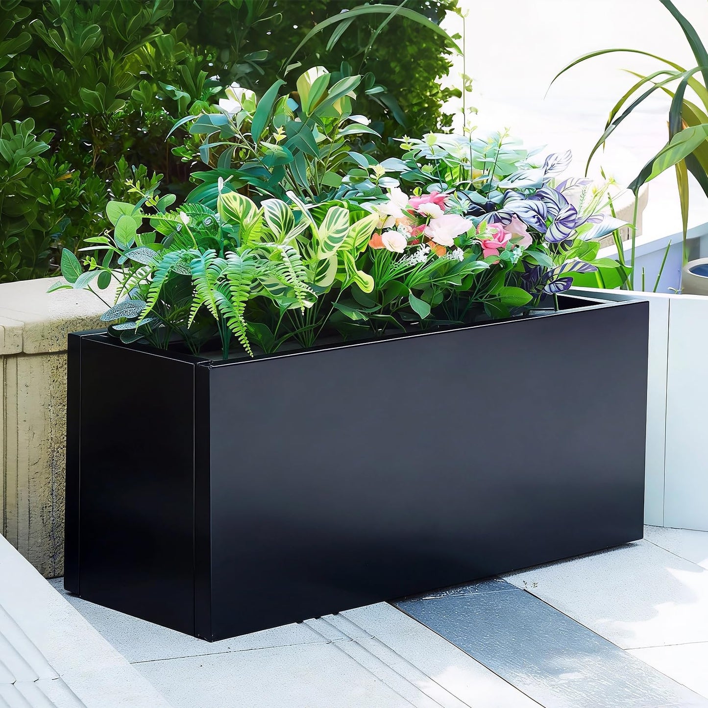 AILOOCEDI Metal Planter Box with Wheel, Outdoor/Indoor Rectangular Trough Garden Bed Drainage Holes & Raised Bottom for Patio Porch Yard Lawn 33" L x 12.4" W x 14" H